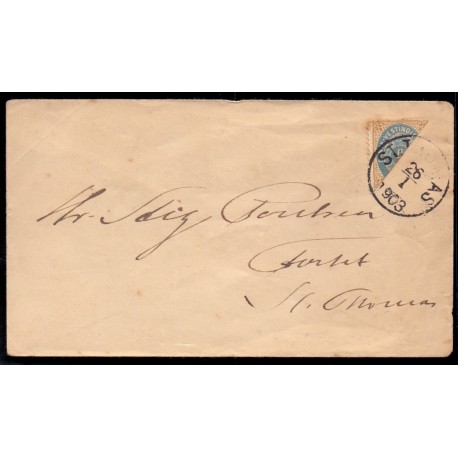 DWI 1896-1906 4 Cent Tofarvede halveret på lokalbrev, med ovalfejl 7Bu