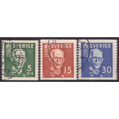 Sverige. 1938, Kong Gustav V. 80 År. 5-30 Øre. AFA nr. 255-57 **    postfrisk stemplet FDC st,