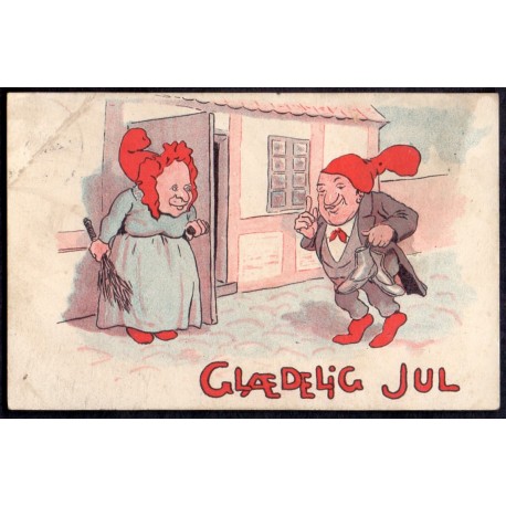Glædeligt Jul. Nisse rider på gris, brugt (stenders) Julemærke 1930