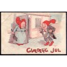 Glædeligt Jul. Nisse rider på gris, brugt (stenders) Julemærke 1930