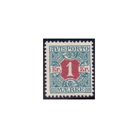 Avisporto. 1907. 1 Kr. blågrøn/rød, AFA. nr. 8, ubrugt, postfrisk, stemplet
