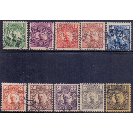 Sverige. 1911-19. Kong Gustav V. 5 Øre/1 kr. AFA nr. 67-76 st. (10) **   postfrisk stemplet FDC st,