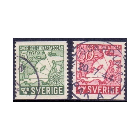 Sverige. 1944. Søkort 300-års jubilæum. 5-60 Øre, AFA nr. 310-11  ** postfrisk stemplet FDC st,