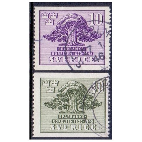 Sverige. 1945. Sparekassernes 125 års jubilæum. 10-40 Øre, AFA nr. 322-23 **   postfrisk stemplet FDC st,