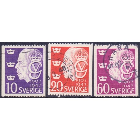 Sverige. 1947. Kong Gustav V's 40 års jubilæum, 10-60 Øre. AFA nr. 335-37 **    postfrisk stemplet FDC st,