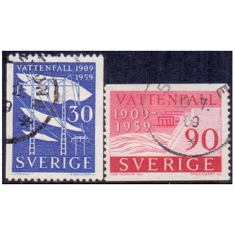 Sverige. 1959. Vandkraftværkerne 50 år. 30-90 Øre. AFA nr. 452-53 **    postfrisk stemplet FDC st,