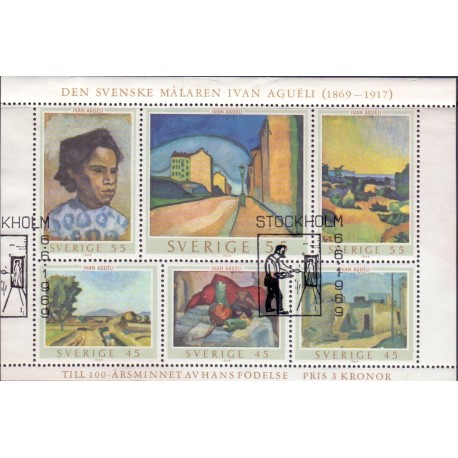 Sverige. 1969. Malerne Ivan Aguélis, 45-55 Øre, i miniark, AFA nr. 644-49 **    postfrisk stemplet FDC st,