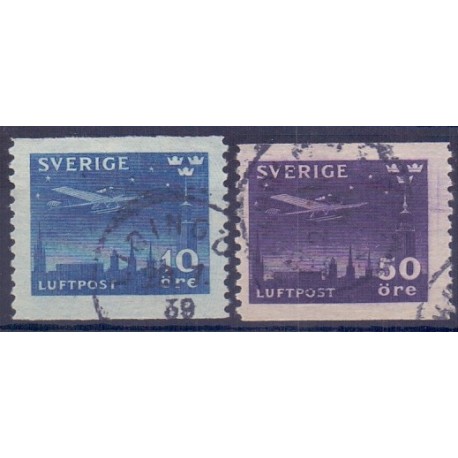 Sverige. 1930. Luftpost, 10-50 Øre. AFA nr. 214-15 **   postfrisk stemplet FDC st,