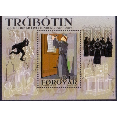 Færøerne 2017. Reformationen 500 år,miniark, AFA nr 896a, Postfrisk   stemplet FDC
