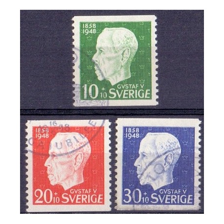 Sverige. 1948. Kong Gustav V's 90 år, 10-30+10 Øre AFA nr. 349-51 **   postfrisk stemplet FDC st,