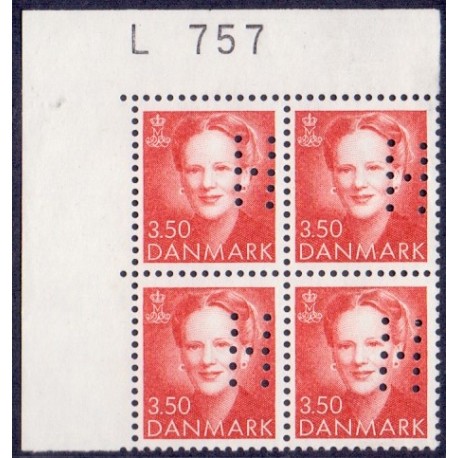 1990. Margrethe AFA nr 962 Marginal 4-blok med perfin "H" postfrisk