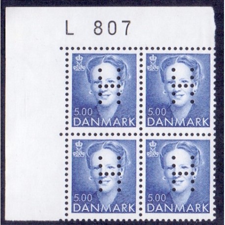 1992. Margrethe AFA nr 1019 Marginal 4-blok med perfin "H" postfrisk