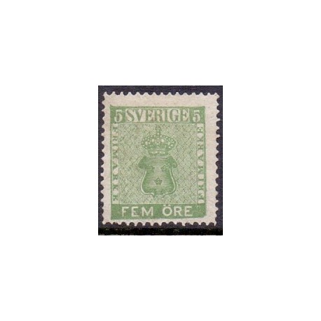 Sverige. 1858. 5 Øre, våben, gulgrøn, AFA nr. 7, ubrugt postfrisk, stemplet