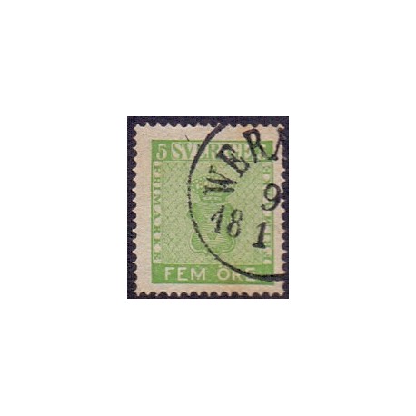 Sverige. 1858. 5 Øre, våben, grøn, AFA nr. 7a, ubrugt postfrisk, stemplet