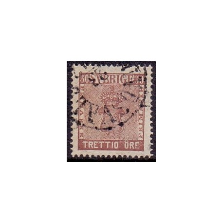 Sverige. 1858. 30 Øre, våben, Brun, AFA nr. 11, postfrisk stemplet