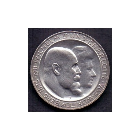 Tyskland-Germany. WÜRTTEMBERG 3 Mark Guillaume/Charlotte 1911 KM20. Ag.