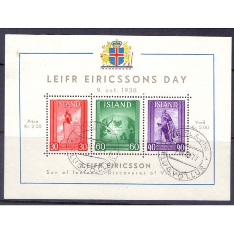 Island. 1938. Leifr Eiricsson miniark. AFA nr. 199-201 **   postfrisk st. stemplet FDC