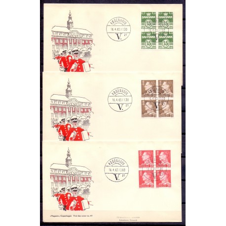 1963. Suppleringsværdier ALM papir,  AFA nr. 413-15 på  FDC med enkeltmærke  , 4-blok
