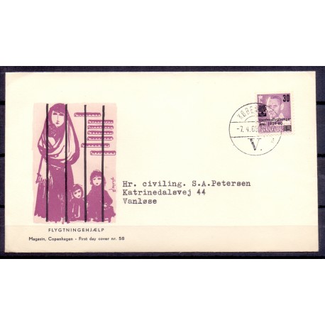 1960. Kong Frederik, Verdensflygtningeåret.  AFA nr. 380 på  FDC med enkeltmærke  , 4-blok