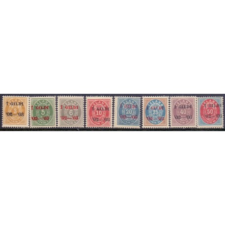 Island. 1902.  I GILDI AFA nr. 24, 26B, 27B, 28B, 30B, 31, 32B, 33B ** (8)   postfrisk st. stemplet FDC