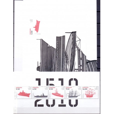 2010. Den danske flåde 500år. AFA nr. 1620Ea-24Ea, i postfrisk miniark Stemplet FDC