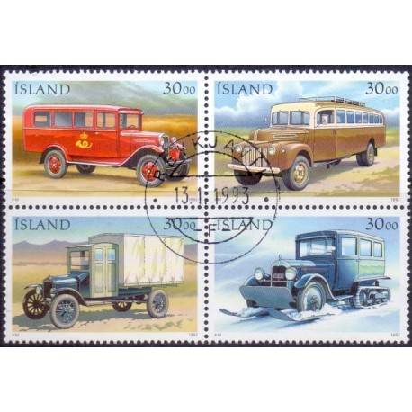 Island. 1992, Postbiler i sammentryk. AFA nr. 762-65 ** postfrisk st. stemplet FDC