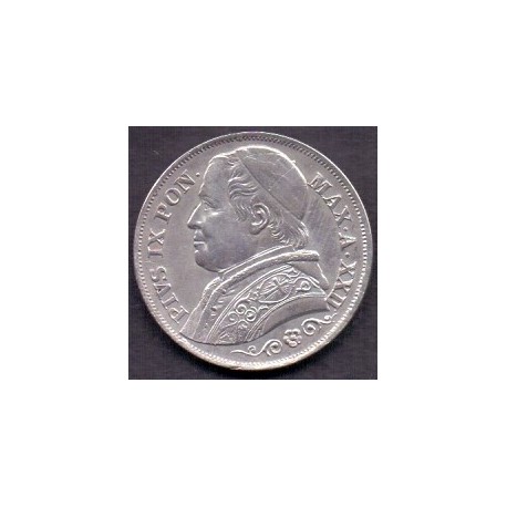 Italien-Italy. Papal States 1867-R 2 Lire Pius IX (XXII). KM 1379 Ag.