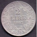 Italien-Italy. Papal States 1867-R 2 Lire Pius IX (XXII). KM 1379 Ag.