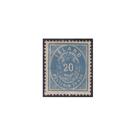 Island. 1882.  20 aur. BLÅ AFA nr. 14 **  postfrisk st. stemplet FDC