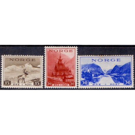 Norge. 1938. Turistudgave på tyndt hvidt papir. 15-30 Øre. AFA nr. 201-03 ** st. stemplet postfrisk