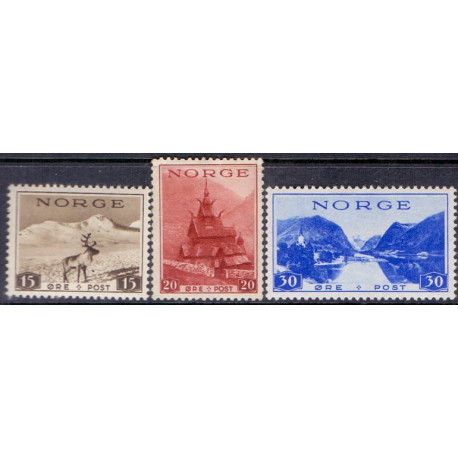Norge. 1938. Turistudgave på tykt gulligt papir. 15-30 Øre. AFA nr. 201a-03a ** st. stemplet postfrisk