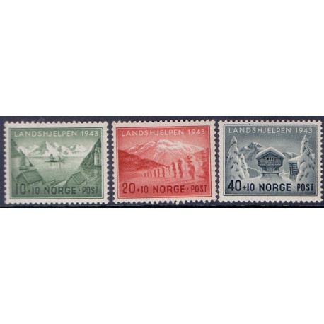 Norge. 1943, Landshjælp I. AFA nr. 298-300 ** st. stemplet postfrisk FDC