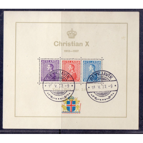 Island. 1937. Chr. X. Sølvjub. I miniark. AFA nr. 190-92  ** postfrisk st. stemplet FDC