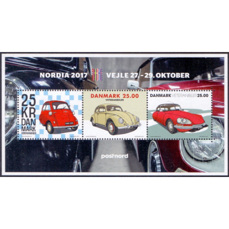 2017. Veteranbiler, NORDIA 2017 miniark, AFA nr. 1921A, postfrisk Stemplet FDC