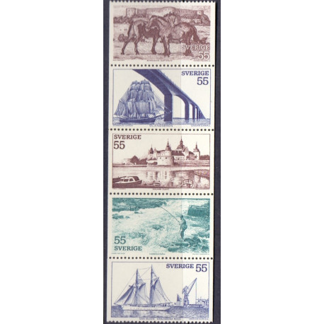 Sverige. 1972. Turistattraktioner, i Sydsverige i 5 stribe, AFA nr. 759-63 **    postfrisk stemplet FDC st,