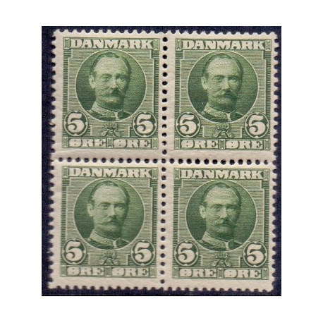 1907. Kong Frederik VIII, 5 Øre, i 4-blok AFA 54 **