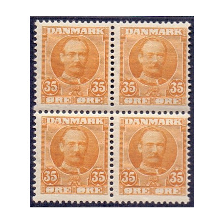 1912. Kong Frederik VIII, 35 Øre, gul i 4-blok AFA 63a **