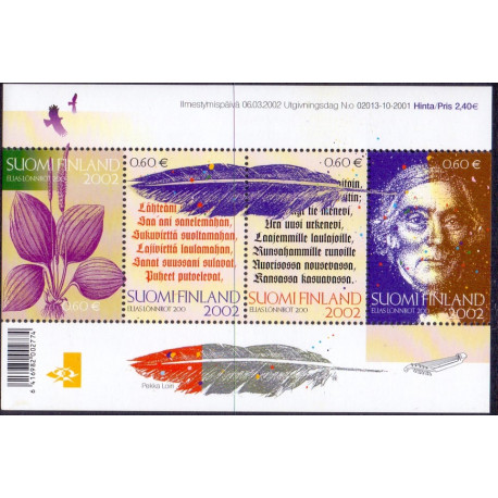 Finland. 2002. Elias Lönnrot, miniark. AFA 1598-1601 **     , postfrisk stemplet