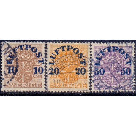 Sverige. 1920. Luftpost 10/3-50/4 Øre. AFA nr. 138-40 **  postfrisk stemplet FDC st,