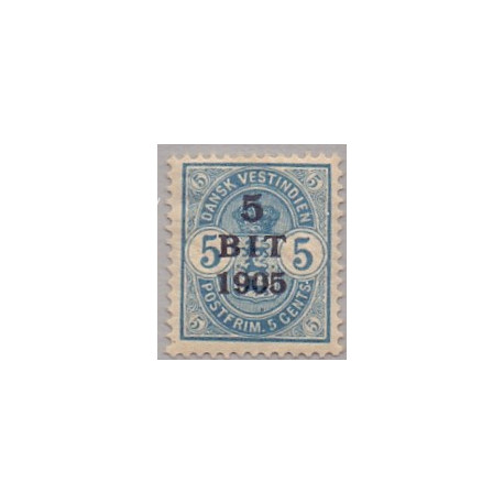 DWI. 1905. Provisorier 5 BIT/5 c. AFA nr 34 med plet mellem 0 og 5 cent *