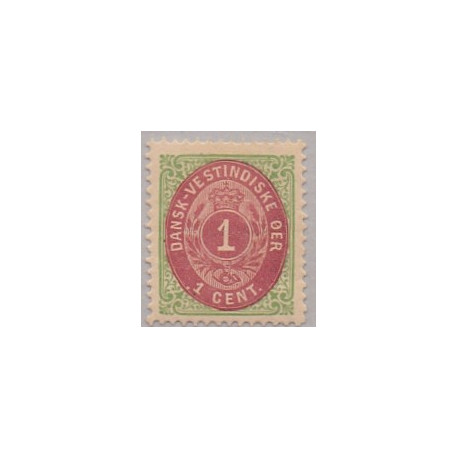 DWI. 1873-1902.  1 Cent, grøn/rødbrun AFA nr. 5 Perlefejl ved 1 tal *