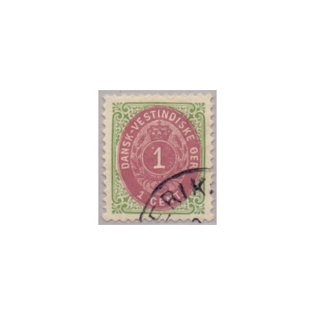 DWI. 1873-1902.  1 Cent, grøn/rødliglilla. omv. rm. AFA nr. 5By hvid plet foran 1 tal st.
