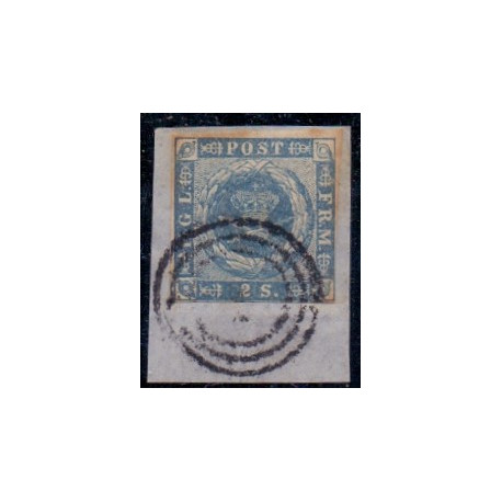 1854. 2 Skilling, blå, AFA nr. 3  stemplet/used på lille klip, postfrisk, ubrugt, stemplet