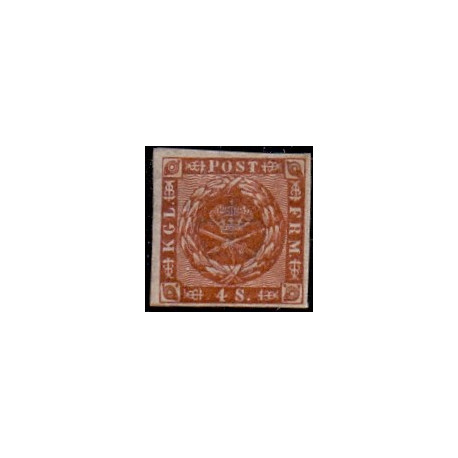 1858. 4 Skilling, brun, AFA nr. 7 **/MNH, postfrisk, ubrugt, stemplet
