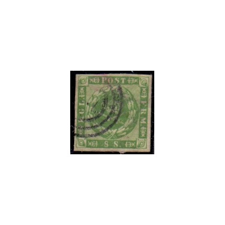 1858. 8 Skilling, grøn, AFA nr. 8 **/MNH, postfrisk, ubrugt, stemplet
