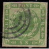 1858. 8 Skilling, grøn, AFA nr. 8 **/MNH, postfrisk, ubrugt, stemplet