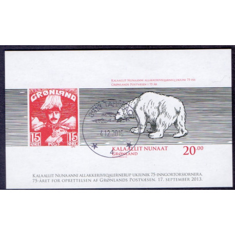 2013. 20,00 Kr. Post Greenland 75 års jubilæum, i miniark UTAKKET. AFA nr 652a postfrisk stemplet