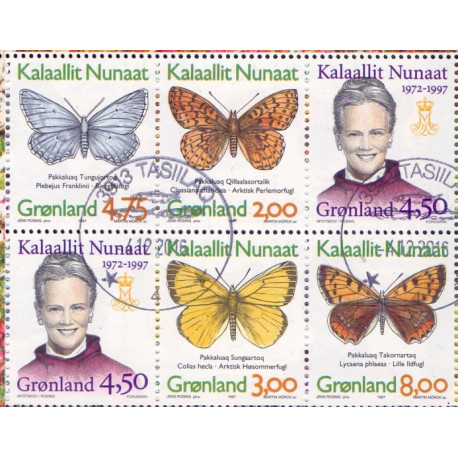 1997. 2,00 -8,00 Kr. Dr. Margrethe og Grønlandske sommerfugle, fra frimærkehæfte. AFA nr. 303a-7a postfrisk stemplet