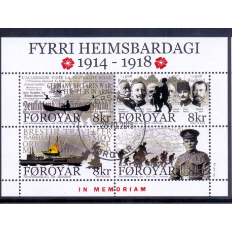 Færøerne 2015. 100 året siden WWI. AFA nr. 834 stemplet miniark med overtryk