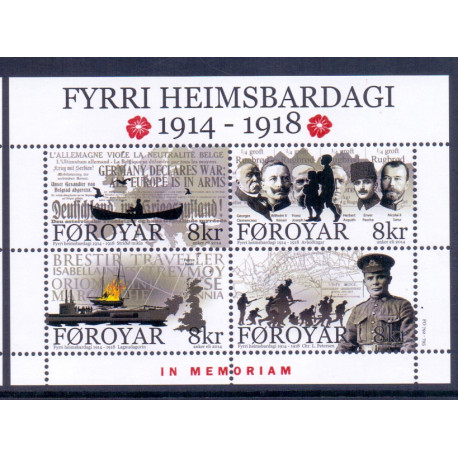 Færøerne 2015. 100 året siden WWI. AFA nr. 834 Postfrisk miniark med overtryk